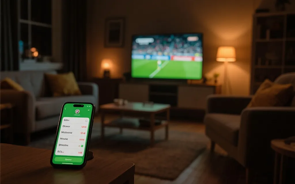 客厅电视与手机同步显示比赛提醒与直播入口的观赛氛围图