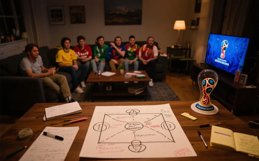 球迷在客厅观看世界杯抽签直播，桌上写着淘汰赛路径草图