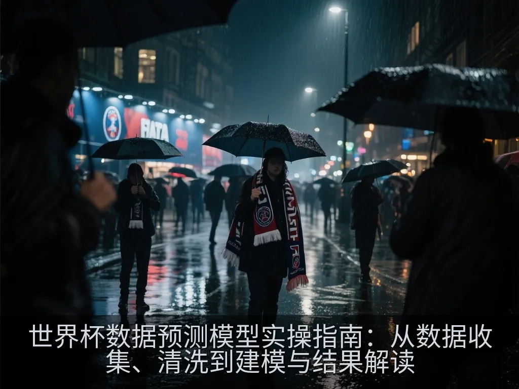世界杯数据预测模型流程图示意,展示数据收集、清洗、特征工程、训练与输出步骤